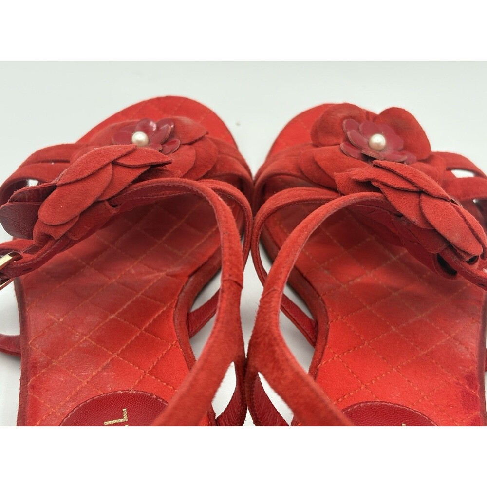 Chanel Red Suede Sandals w/ Camelia Flower Accents Pearls T Strap Size EU 37 - Picture 9 of 13